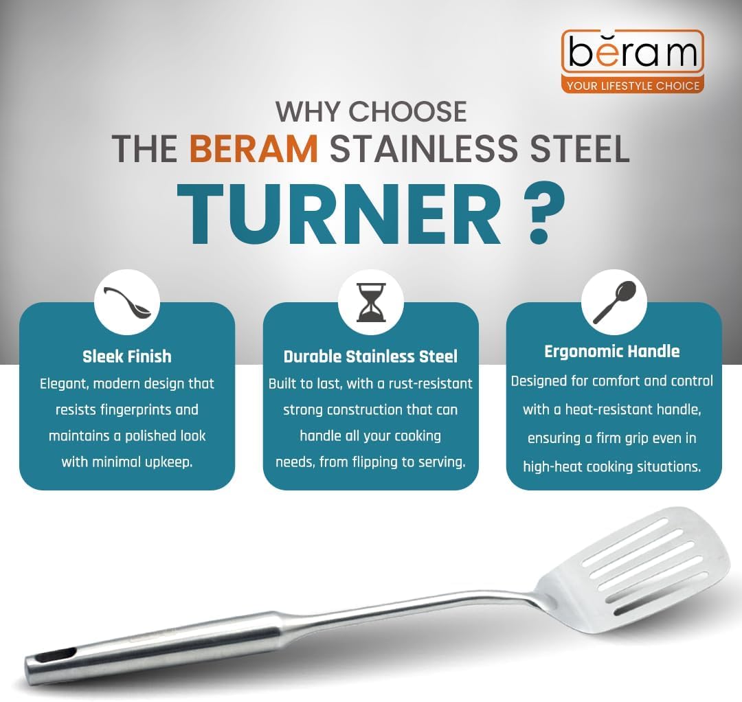 BERAM Stainless Steel Plain Handle Cooking Set, 304 Utensils Set of 6 with Stand – Pasta Server, Rice Scoop, Turner, Spatula, Soup Ladle, Skimmer – Kitchen Tools for Daily Use