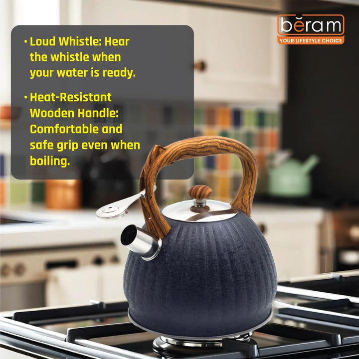 Haus Roland Whistling Kettle, Wooden Handles with Stripes, Stovetop Tea Kettle, Stainless Teapot, 3 Liters, Fast Boiling, Perfect for Homes, Picnics, and Parties