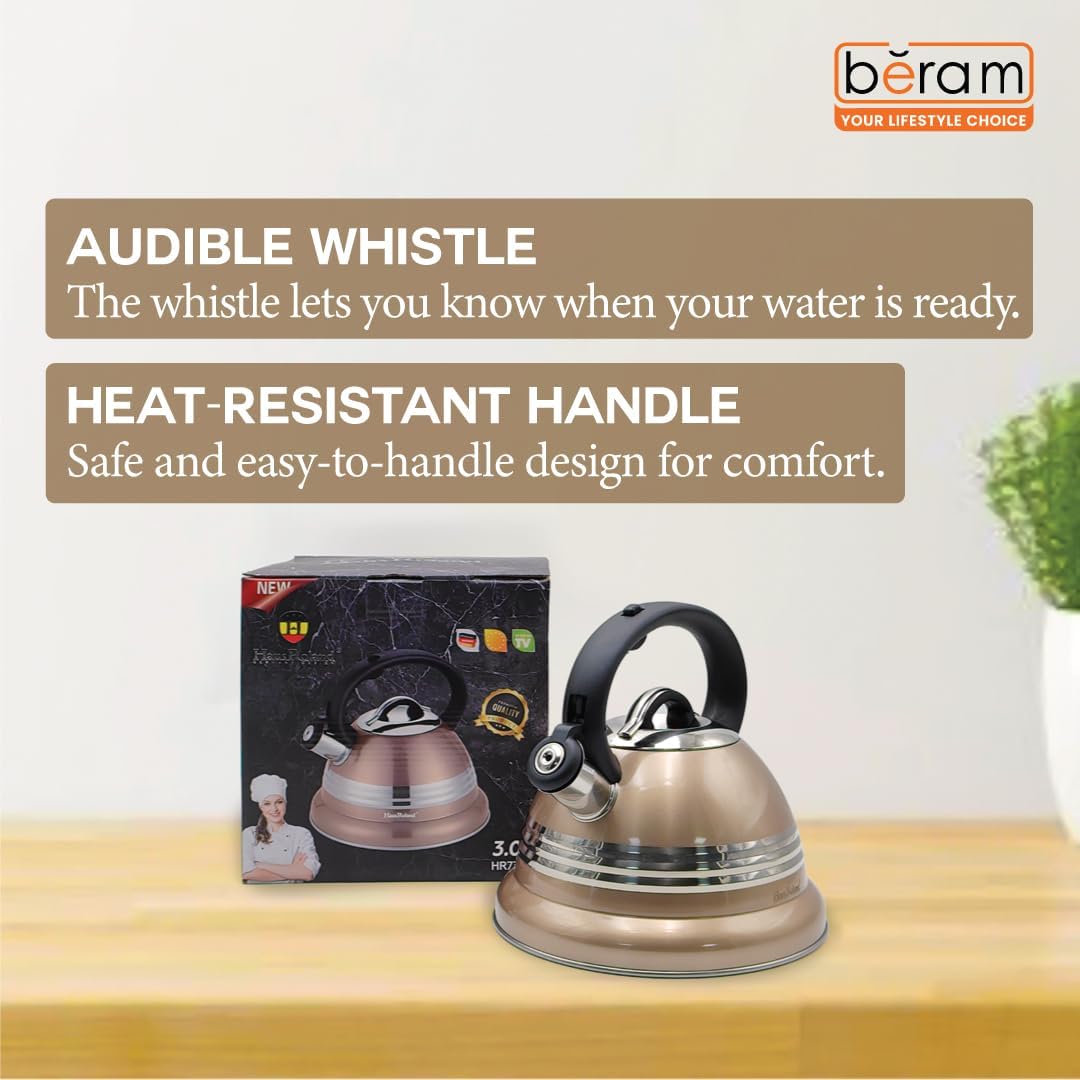 Haus Roland Stainless Steel Tea Kettle, 3 Litres, Whistling Teapot, Stove Top, Stone Finish, Anti-Hot Handle, Anti-Rust, Loud Whistle, Fast Boiling Kitchen Utensil
