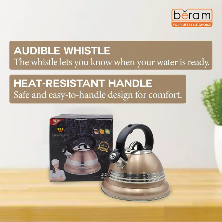 Haus Roland Stainless Steel Tea Kettle, 3 Litres, Whistling Teapot, Stove Top, Stone Finish, Anti-Hot Handle, Anti-Rust, Loud Whistle, Fast Boiling Kitchen Utensil
