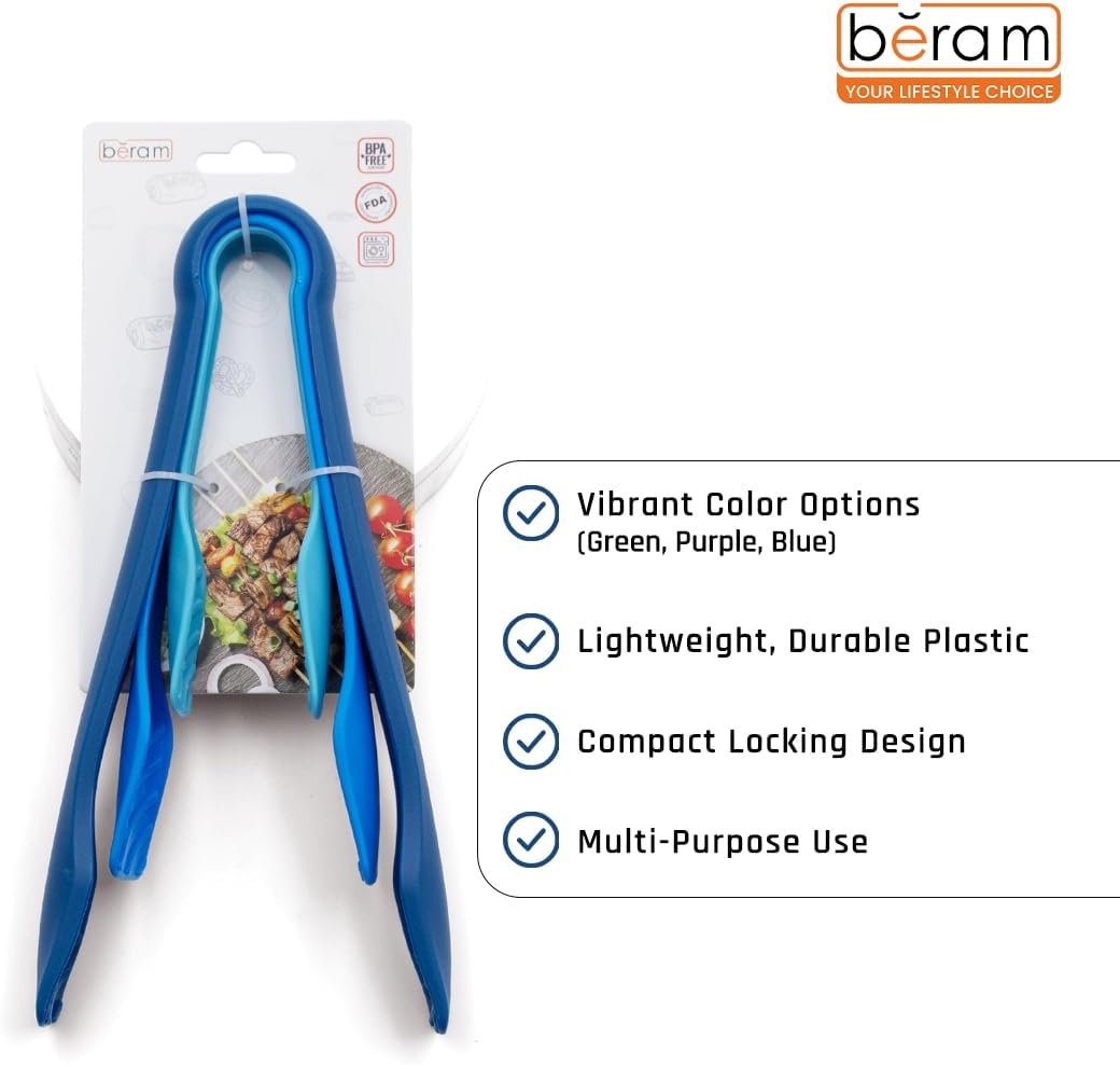 BERAM Plastic Kitchen Tongs Set of 3 Food Serving and BBQ Tongs for Bread Salad Fruit Buffet and Grilling Durable BPA Free Reusable Utility Tongs for Home Party and Daily Use