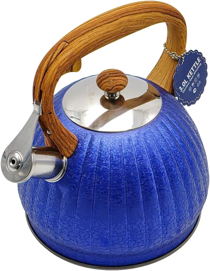 Haus Roland Whistling Kettle, Wooden Handles with Stripes, Stovetop Tea Kettle, Stainless Teapot, 3 Liters, Fast Boiling, Perfect for Homes, Picnics, and Parties