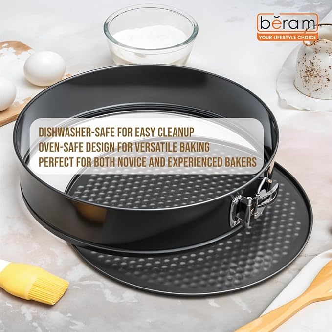 Beram Non Stick Cake Tin Black Round Carbon Steel Baking Pan with Quick Release Latch Removable Leakproof Bottom Heavy Duty Springform Cake Mould for Cheesecake Pastries and Layered Cakes