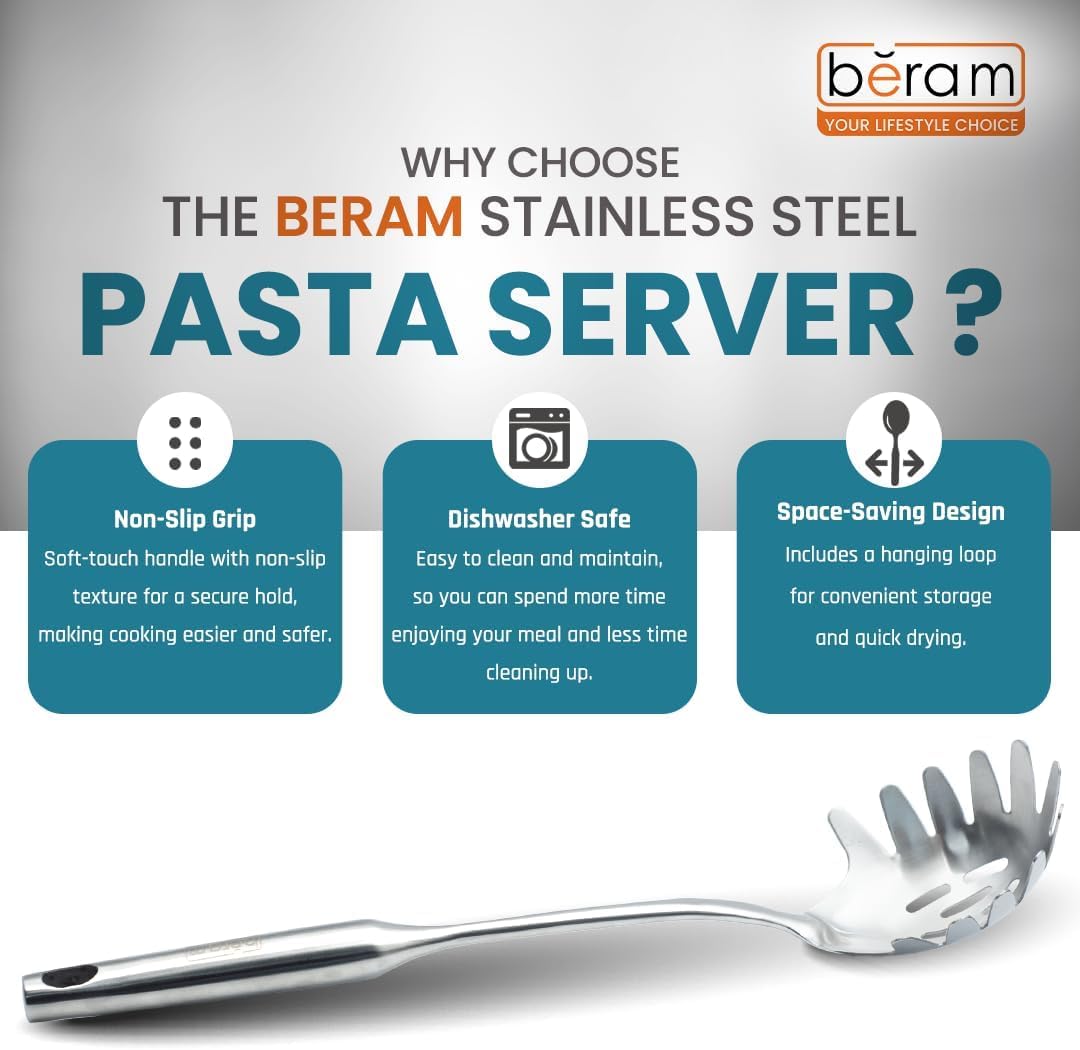 BERAM Stainless Steel Plain Handle Cooking Set, 304 Utensils Set of 6 with Stand – Pasta Server, Rice Scoop, Turner, Spatula, Soup Ladle, Skimmer – Kitchen Tools for Daily Use