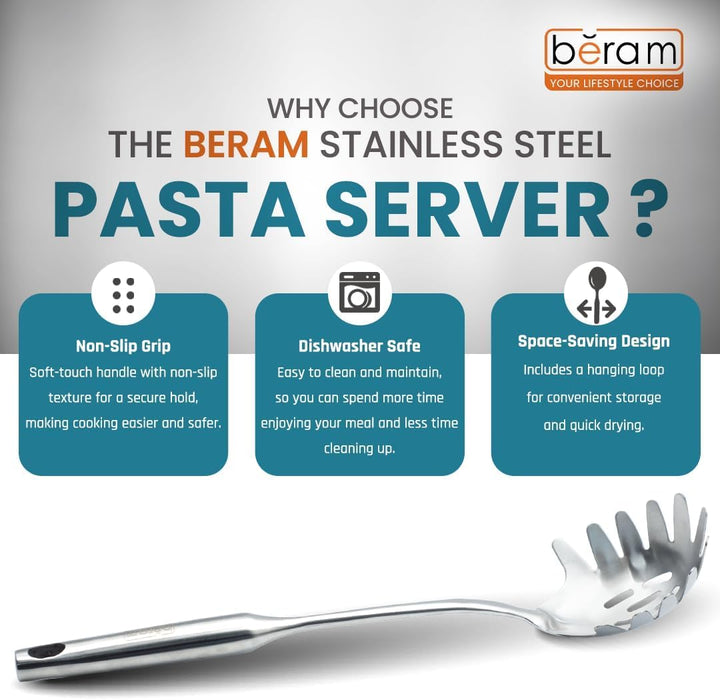 BERAM Stainless Steel Plain Handle Cooking Set, 304 Utensils Set of 6 with Stand – Pasta Server, Rice Scoop, Turner, Spatula, Soup Ladle, Skimmer – Kitchen Tools for Daily Use