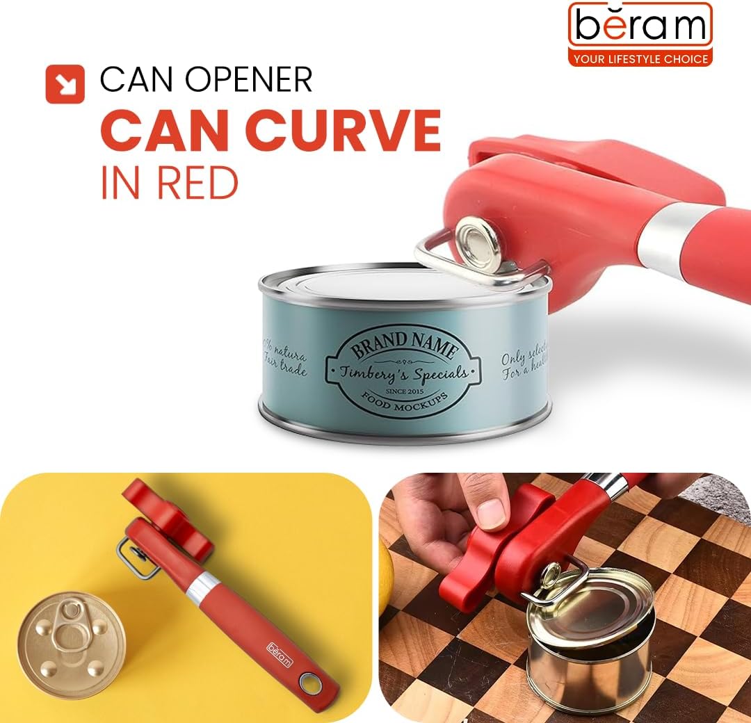 BERAM Manual Can Opener – Heavy Duty Stainless Steel Lid Opening Tool with Curved Handles – Handheld Multiopener with Sharp Blades & Smooth Edge Cutting