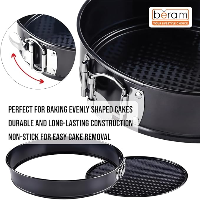 Beram Non Stick Cake Tin Black Round Carbon Steel Baking Pan with Quick Release Latch Removable Leakproof Bottom Heavy Duty Springform Cake Mould for Cheesecake Pastries and Layered Cakes
