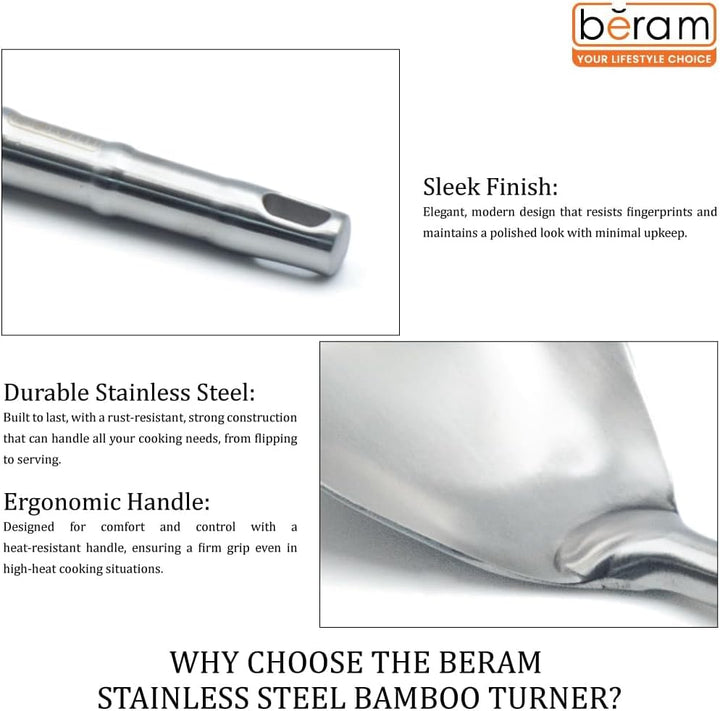 BERAM Cooking Utensils Set 304 Stainless Steel 6 Pieces Soup Spoon Spatula Slotted Turner Rice Scoop Pasta Server Skimmer Food Grade Kitchen Tools with Bamboo Shaped Handles