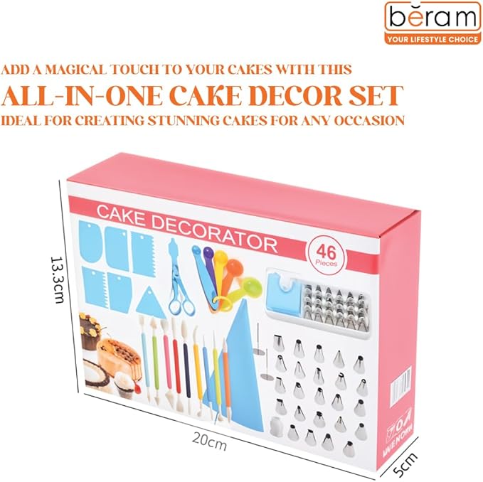 BERAM 46 Piece Cake Decorating Kit Professional Baking Tools Set with Piping Tips Pastry Bags Cake Scrapers Fondant Tools Icing Nozzles Couplers Flower Nails and Accessories for Cupcakes and Cakes