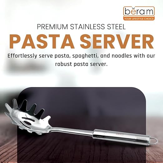 BERAM Stainless Steel Cooking Utensils Set – 6-Piece Kitchen Tool Set with Pasta Server Turner Spatula Skimmer Rice Scoop & Soup Ladle – Durable Matte Silver Cookware Utensils