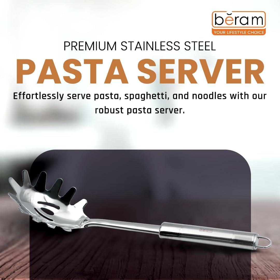 BERAM Stainless Steel Cooking Utensils Set – 6-Piece Kitchen Tool Set with Pasta Server Turner Spatula Skimmer Rice Scoop & Soup Ladle – Durable Matte Silver Cookware Utensils
