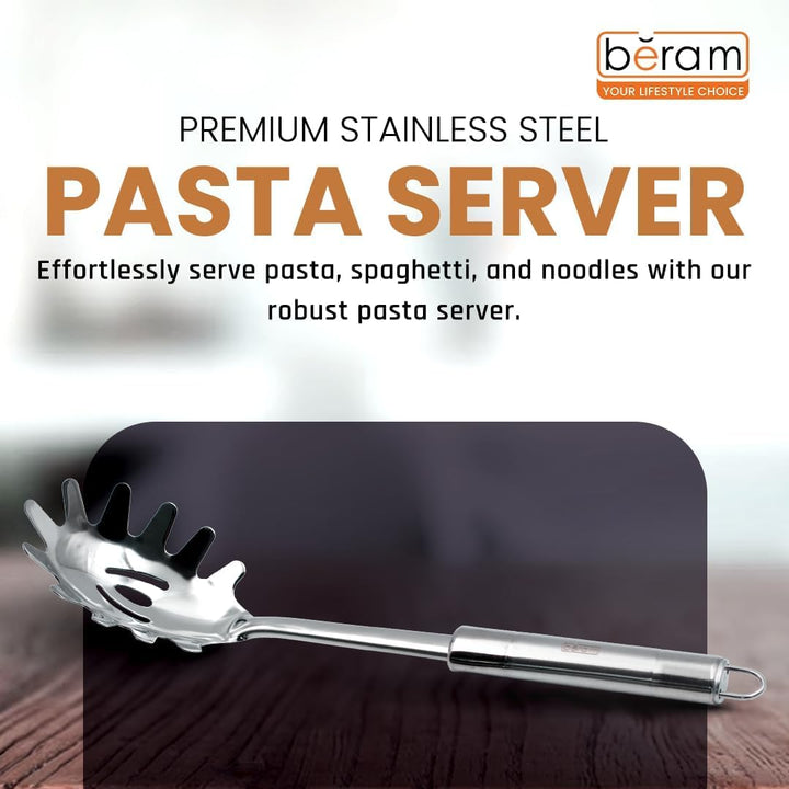 BERAM Stainless Steel Cooking Utensils Set – 6-Piece Kitchen Tool Set with Pasta Server Turner Spatula Skimmer Rice Scoop & Soup Ladle – Durable Matte Silver Cookware Utensils