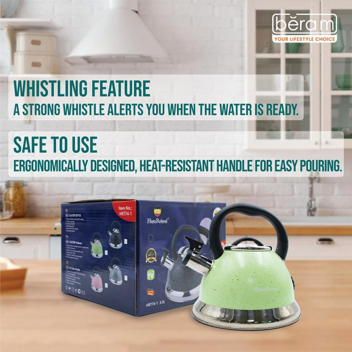 Haus Roland Whistling Kettle, Dotted Silver Striped, Stovetop Tea Kettle, Stainless Teapot, 3.5 Liters with Dotted Grain Handles, Fast Boiling, Perfect for Homes, Picnics, and Parties