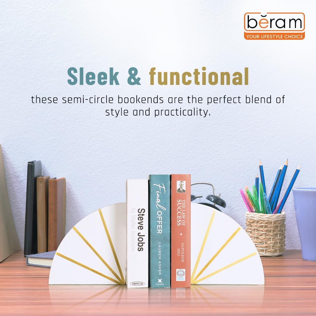 BERAM Circle Bookends, Ceramic Statue Figurines, Art Sculpture, Modern Home Decor Collection, Abstract Indoor Shelf Ornaments, Office, Living Room, Book Shelf Pieces, White & Gold