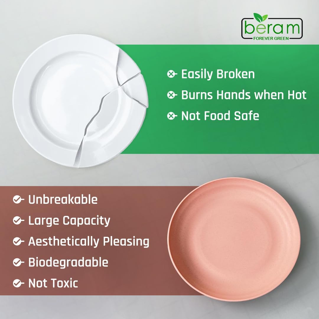 BERAM Wheat Straw Plate Set, Dinnerware Set of 4, Unbreakable Plates, Lightweight Dishes, Kitchen Crockery, Serving Saucers and Platters