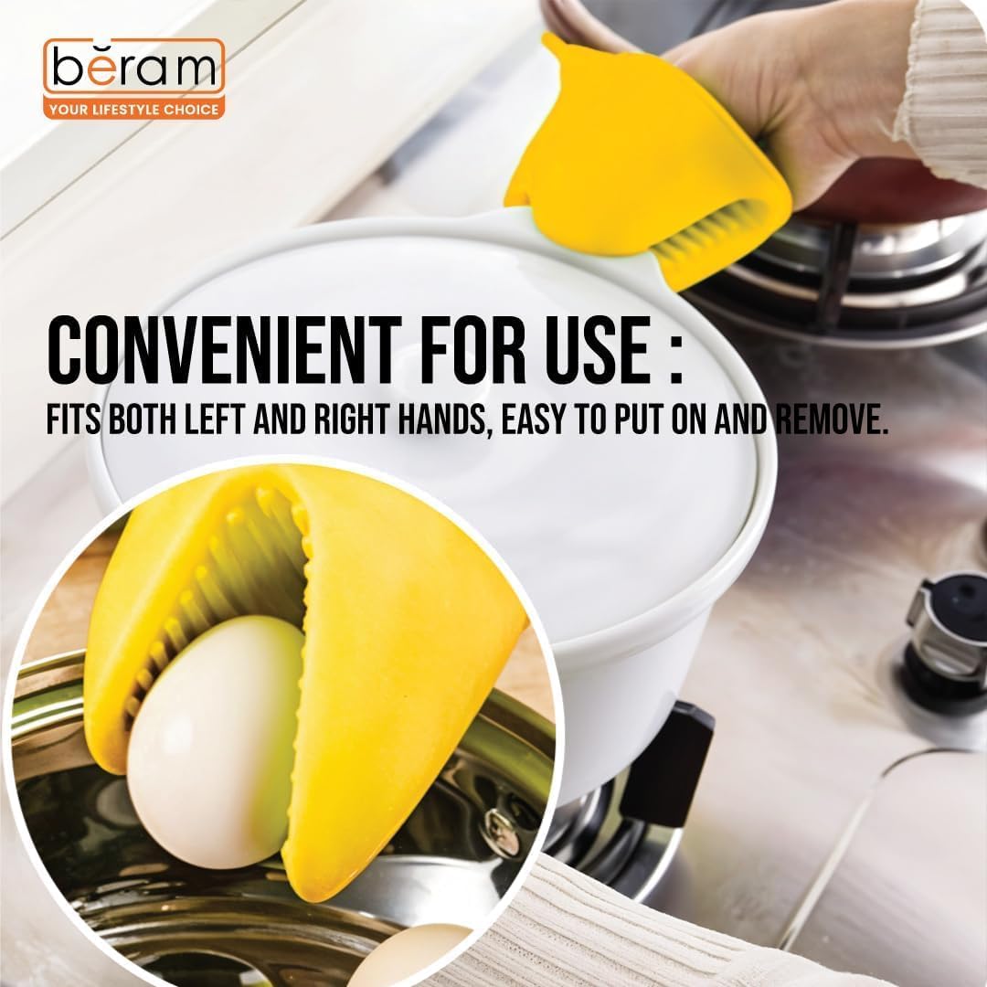 BERAM Silicone Yellow Mini Oven Mitts, Set of 2, Kitchen Pot Holders, Heat Resistant, Small Kitchen Mitts, Air Fryer Mitts Mini, Pot Pinch Grip for Cooking and Baking