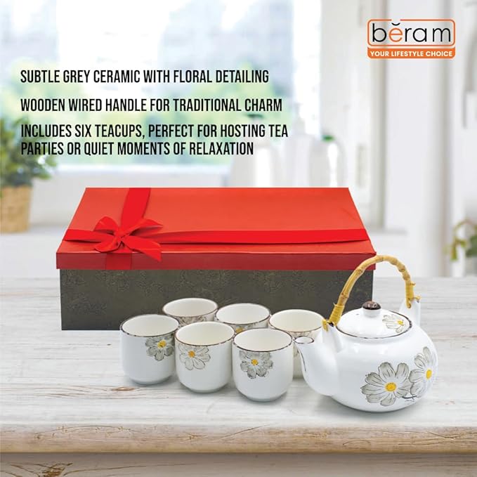 BERAM Porcelain Tea Sets, 5 Pieces Set with Unique Handles, Japanese Inspired Teapot and Cups Set, Scratch Resistant Decorative Tea Set with Gift Packaging, Tea Party Set  Grey