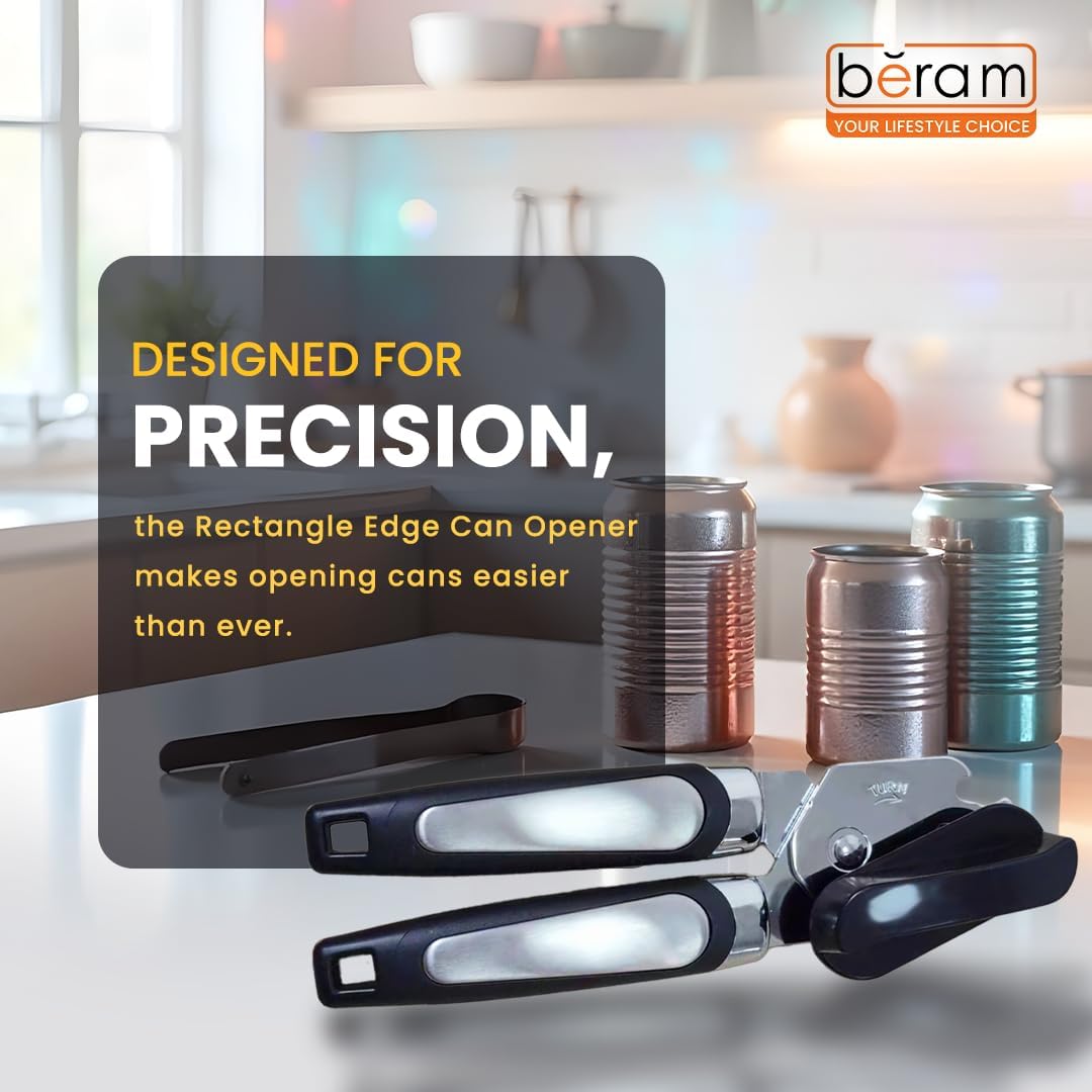 BERAM Manual Can Opener with Rectangular Edge – Heavy Duty Stainless Steel Multi-Opener with Built-In Bottle Opener – Anti-Slip Grip, Large Turn Knob, Handheld Tool, Black