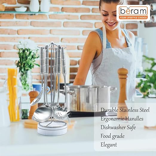 BERAM Cooking Utensils Set 304 Stainless Steel 6 Pieces Soup Spoon Spatula Slotted Turner Rice Scoop Pasta Server Skimmer Food Grade Kitchen Tools with Bamboo Shaped Handles