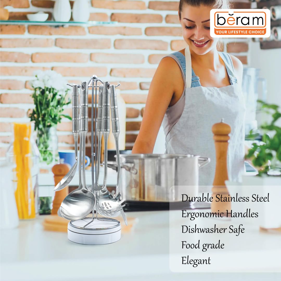 BERAM Cooking Utensils Set 304 Stainless Steel 6 Pieces Soup Spoon Spatula Slotted Turner Rice Scoop Pasta Server Skimmer Food Grade Kitchen Tools with Bamboo Shaped Handles