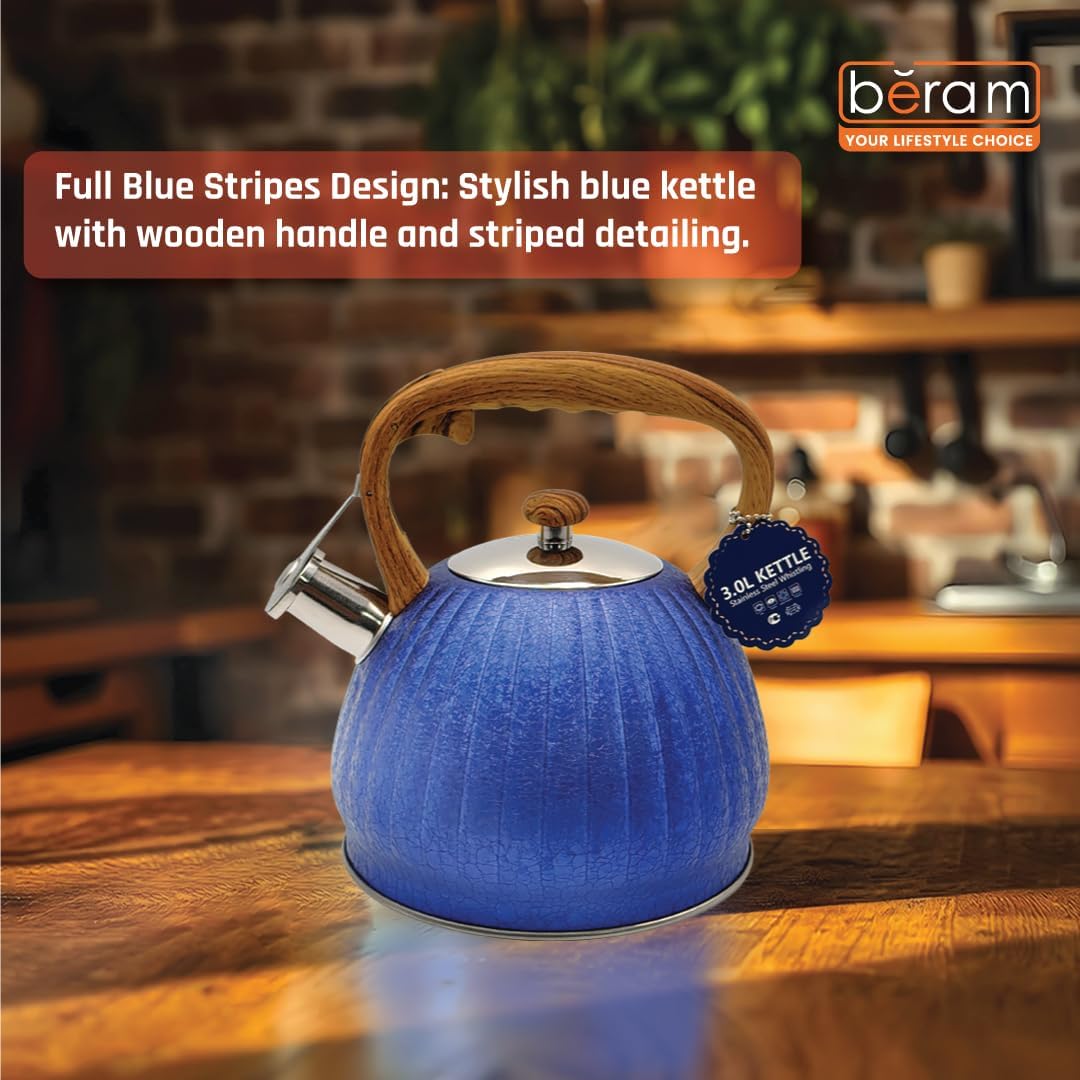 Haus Roland Whistling Kettle, Wooden Handles with Stripes, Stovetop Tea Kettle, Stainless Teapot, 3 Liters, Fast Boiling, Perfect for Homes, Picnics, and Parties