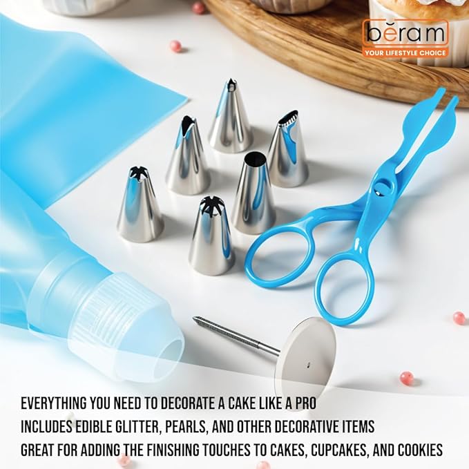 BERAM 46 Piece Cake Decorating Kit Professional Baking Tools Set with Piping Tips Pastry Bags Cake Scrapers Fondant Tools Icing Nozzles Couplers Flower Nails and Accessories for Cupcakes and Cakes