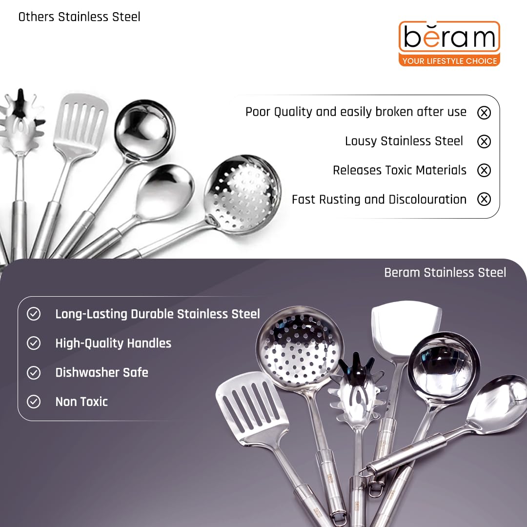 BERAM Stainless Steel Cooking Utensils Set – 6-Piece Kitchen Tool Set with Pasta Server Turner Spatula Skimmer Rice Scoop & Soup Ladle – Durable Matte Silver Cookware Utensils