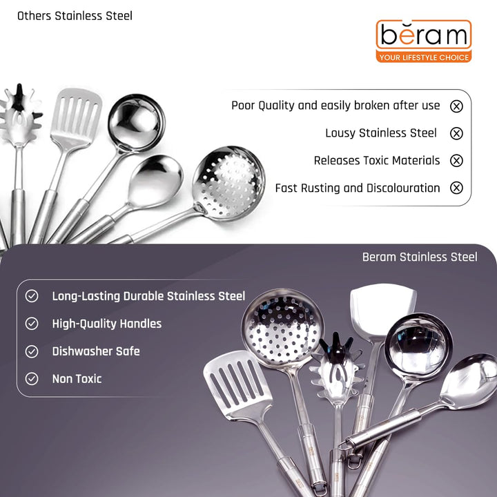 BERAM Stainless Steel Cooking Utensils Set – 6-Piece Kitchen Tool Set with Pasta Server Turner Spatula Skimmer Rice Scoop & Soup Ladle – Durable Matte Silver Cookware Utensils