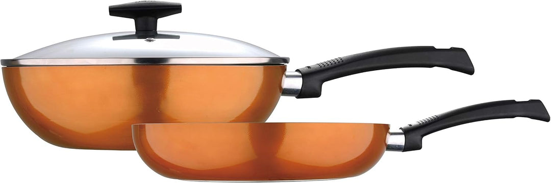 Bergner Ultra 3Pcs Cookware Set, Frypan 28Cm + Wok With Lid 26Cm Cooking Set, Pressed Aluminium Cookware, Induction Bottom Cooking Pots, Suitable for All Stoves, Orange Colour
