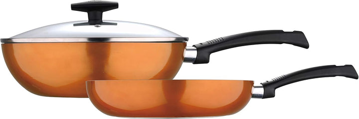 Bergner Ultra 3Pcs Cookware Set, Frypan 28Cm + Wok With Lid 26Cm Cooking Set, Pressed Aluminium Cookware, Induction Bottom Cooking Pots, Suitable for All Stoves, Orange Colour