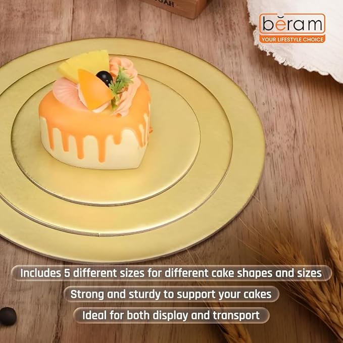 BERAM Disposable Cake Boards Gold Set of 5 Round and Reusable Food-Grade Cardboard  for Cakes  Cupcakes  Cookies and More Baking Display Stand Bakery Presentation Board