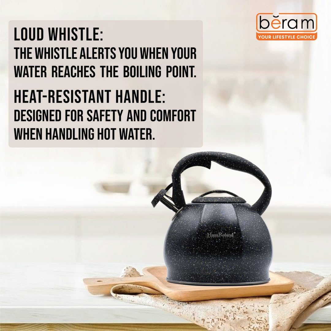 Haus Roland Whistling Kettle, Stovetop Tea Kettle, Stainless Teapot, 3 Liters with Dotted Grain Handles, Fast Boiling, Perfect for Homes, Picnics, and Parties