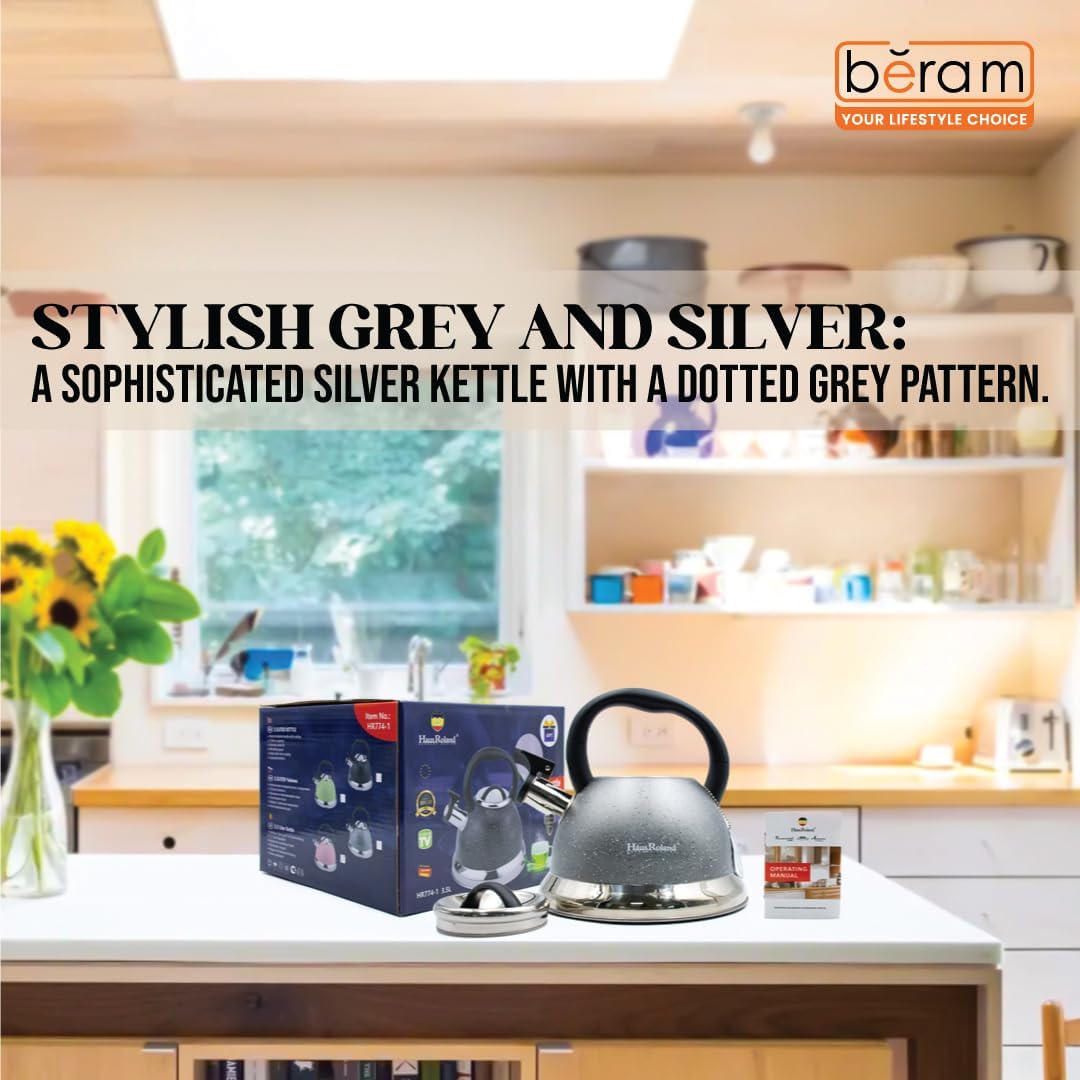 Haus Roland Whistling Kettle, Dotted Silver Striped, Stovetop Tea Kettle, Stainless Teapot, 3.5 Liters with Dotted Grain Handles, Fast Boiling, Perfect for Homes, Picnics, and Parties