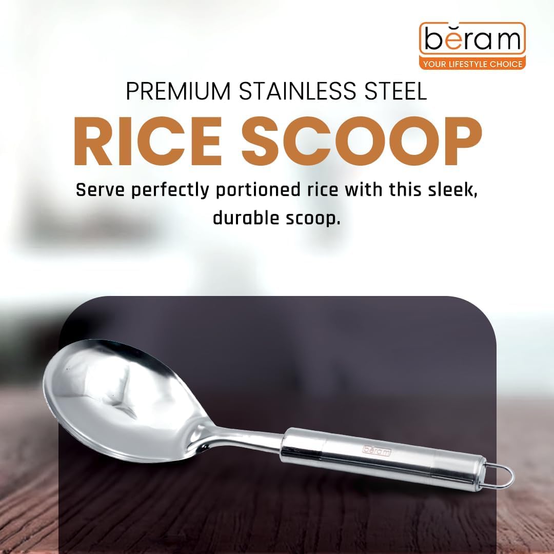 BERAM Stainless Steel Cooking Utensils Set – 6-Piece Kitchen Tool Set with Pasta Server Turner Spatula Skimmer Rice Scoop & Soup Ladle – Durable Matte Silver Cookware Utensils