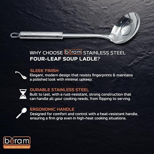 BERAM Soup Ladle Stainless Steel Soup Spoon Kitchen Tool Cooking Utensil Serving Spoon Food Grade Non-Deformable Compact Lightweight with Four Leaf Design Handles