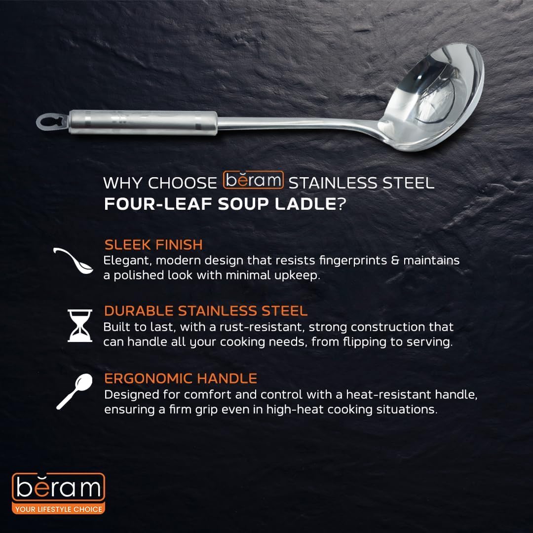 BERAM Stainless Steel Cooking Utensils Set 6 Pieces Four Leaf Design Handles Spatula Turner Rice Scoop Pasta Server Skimmer Soup Ladle Kitchen Tools for Daily Use