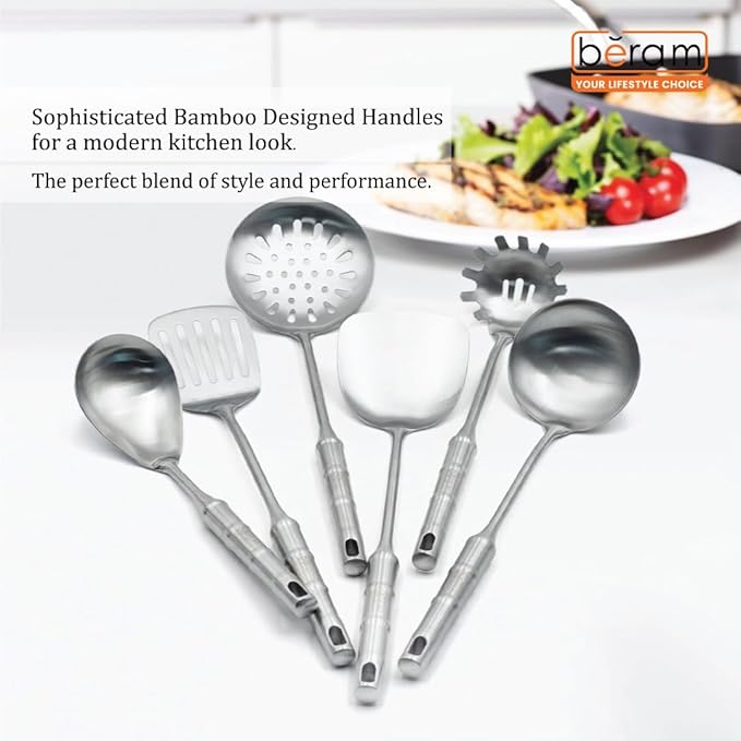 BERAM Cooking Utensils Set, 304 Stainless Steel, 6 Pieces, Soup Spoon, Spatula, Slotted Turner, Rice Scoop, Pasta Server, Skimmer, Food Grade, Kitchen Tools with Bamboo Shaped Handles