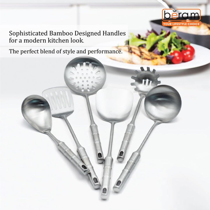 BERAM Cooking Utensils Set 304 Stainless Steel 6 Pieces Soup Spoon Spatula Slotted Turner Rice Scoop Pasta Server Skimmer Food Grade Kitchen Tools with Bamboo Shaped Handles