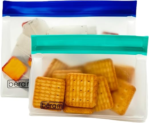 BERAM Reusable Storage Bags Standing Ziploc Containers Dishwasher Safe Leak Proof BPA Free PEVA Material Freezer Safe Lunch and Sandwich Bags Food Safe Picnic and Travel Bags