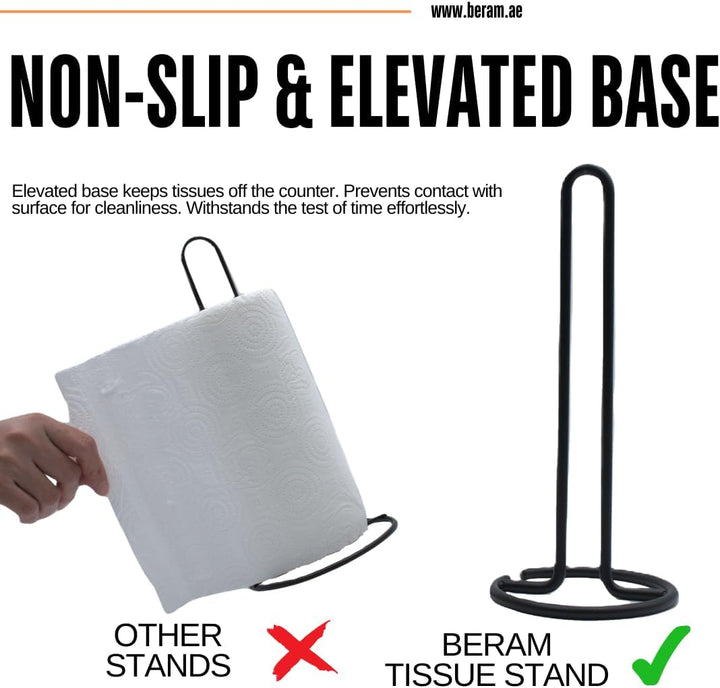 BERAM Tissue Holder for Kitchen Standing Natural Stainless Steel Black Paper Towel Stand Elevated Base Aesthetic Counter Top Rack Vertical Roll Stand for Hotels & Homes