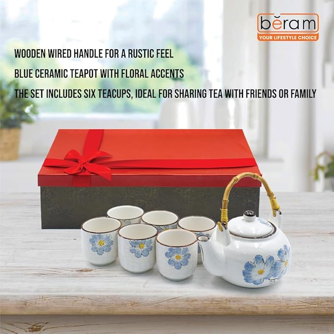 BERAM Porcelain Tea Sets 5 Pieces Set with Unique Handles Japanese Inspired Teapot and Cups Set Scratch Resistant Decorative Tea Set with Gift Packaging Tea Party Set Blue