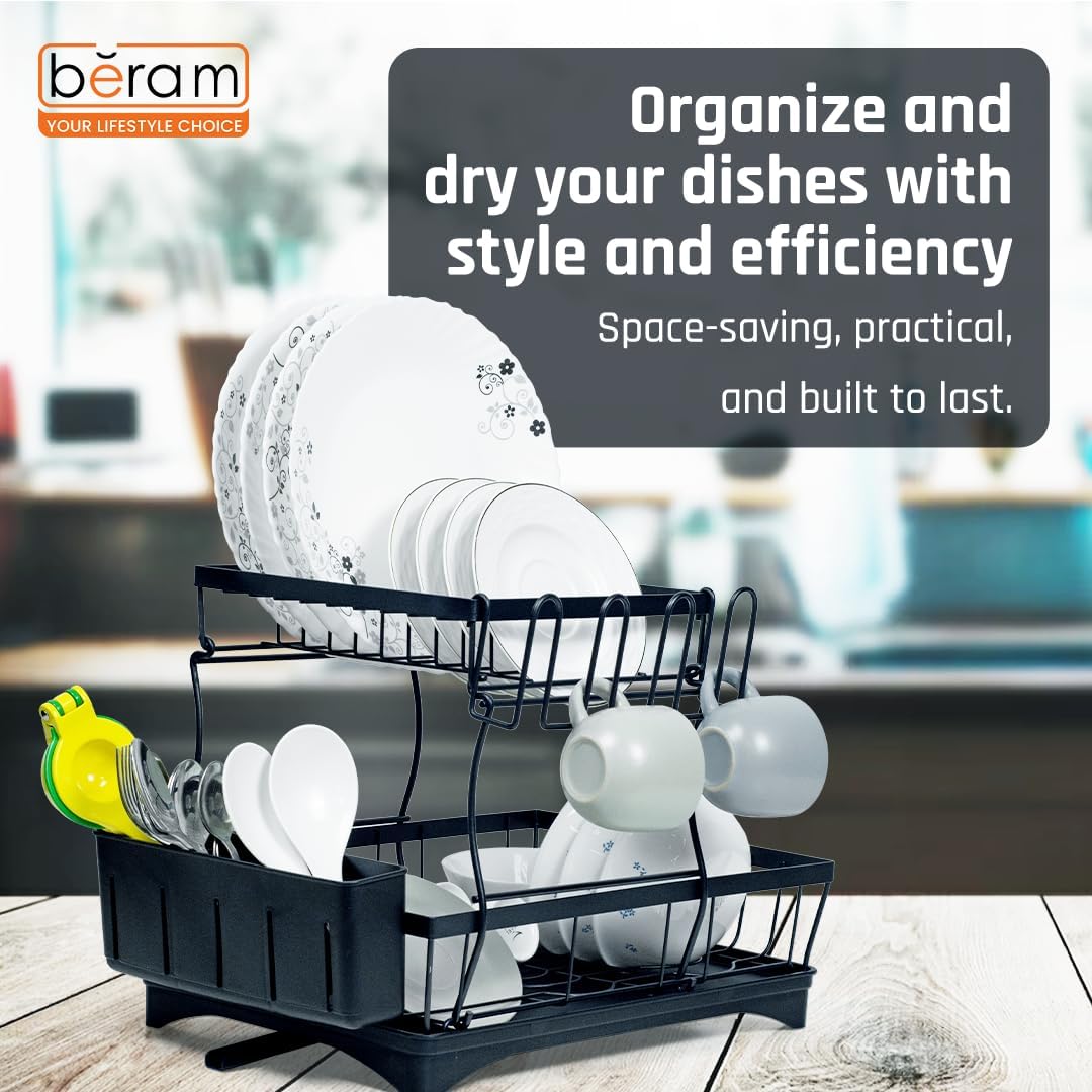 BERAM 2-Tier Stainless Steel Dish Drying Rack – Rust-Resistant Kitchen Organizer with Utensil Holder & Drainboard for Countertop Storage – Black