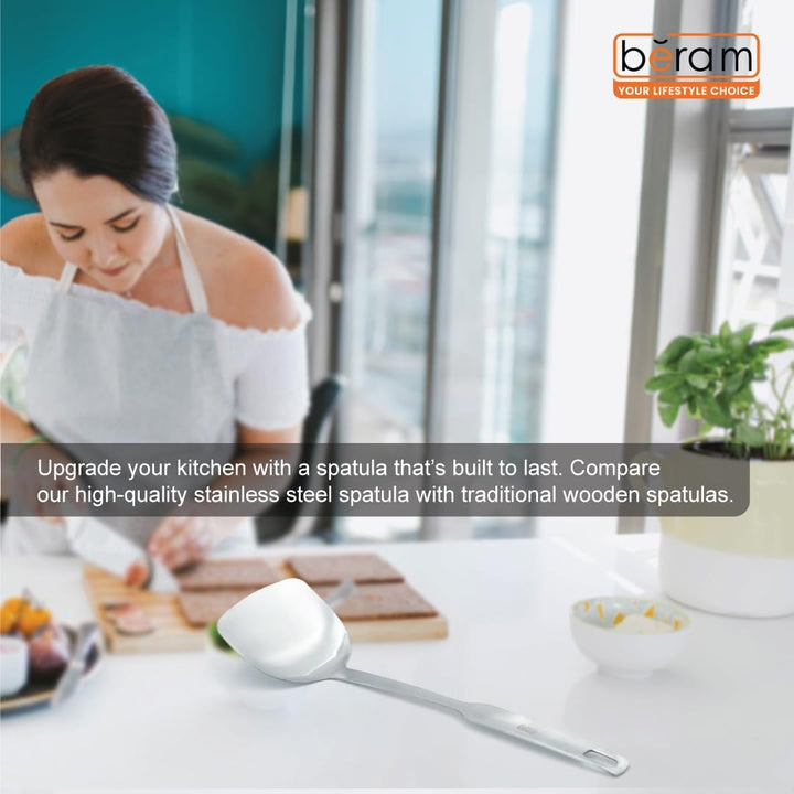 BERAM Stainless Steel Spatula, Cooking Utensil, Flat Handle Kitchen Tool, 304 Stainless Steel, 100% Food Grade, Compact, Lightweight, Elegant Design, Silver