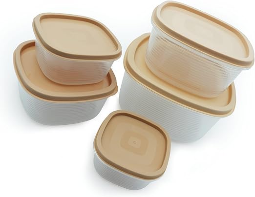 5-Piece Beige Food Storage Container Set with Lids BPA-Free Microwave Freezer & Dishwasher Safe Leakproof Stackable Plastic Meal Prep Containers for Kitchen Pantry and Lunch Storage