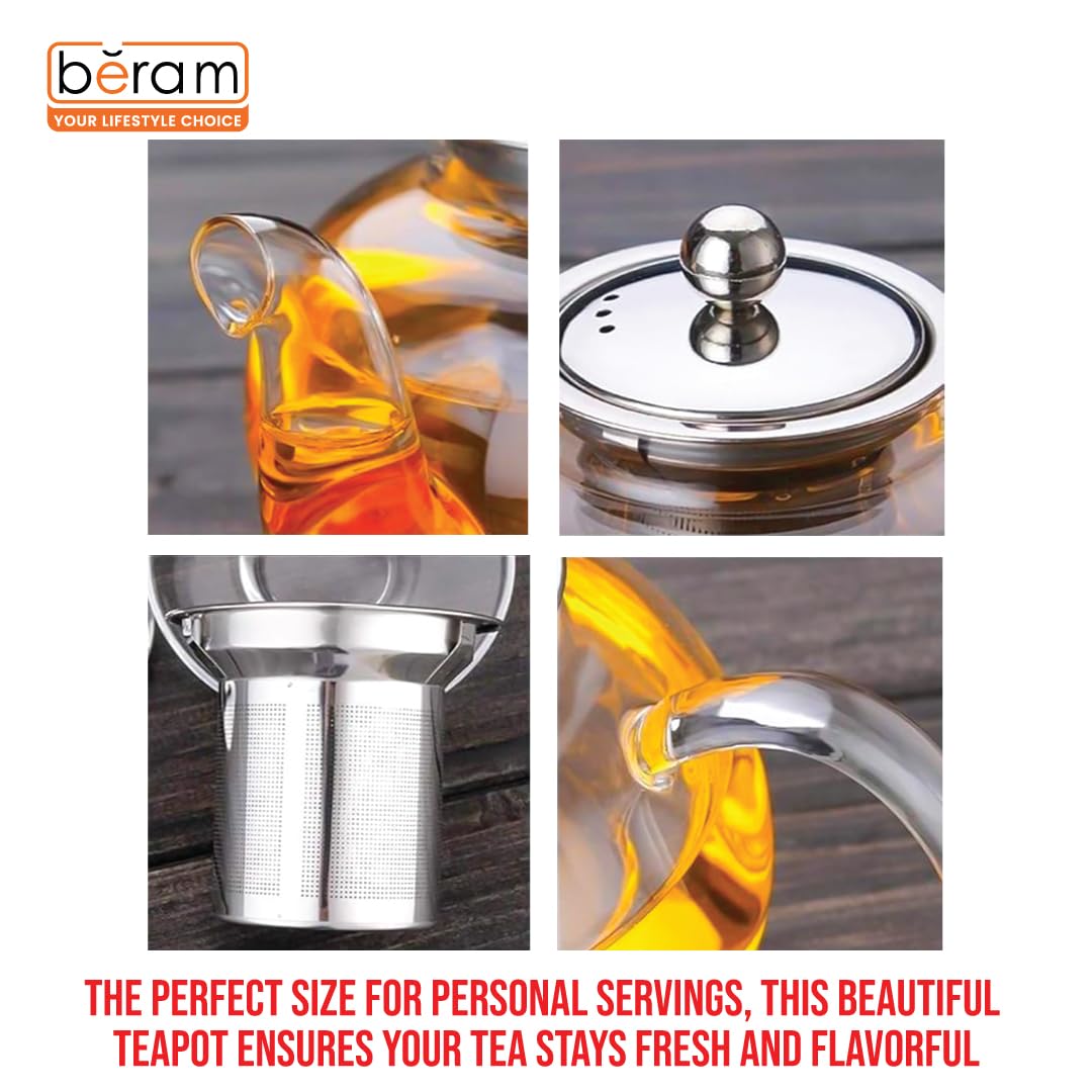 BERAM Glass Teapot with Infuser – 400ml Borosilicate Clear Tea Kettle with Removable 18/8 Stainless Steel Infuser, Stovetop Safe, Handcrafted Loose Leaf Tea Brewer for Home
