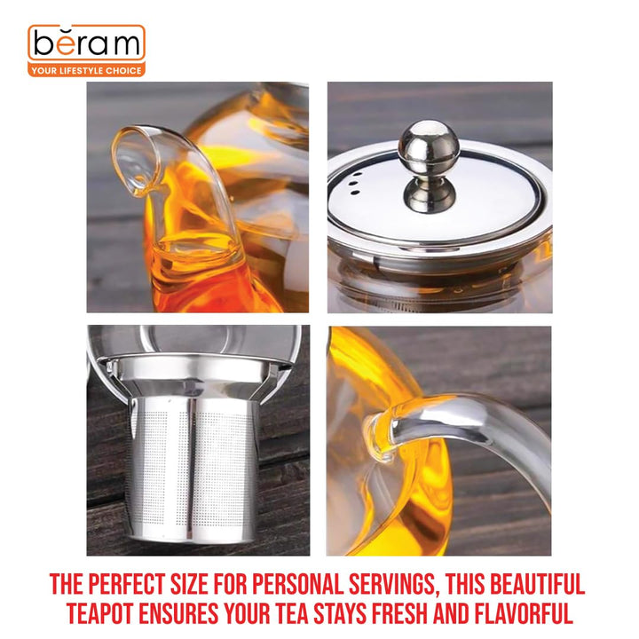 BERAM Glass Teapot with Infuser – 400ml Borosilicate Clear Tea Kettle with Removable 18/8 Stainless Steel Infuser, Stovetop Safe, Handcrafted Loose Leaf Tea Brewer for Home