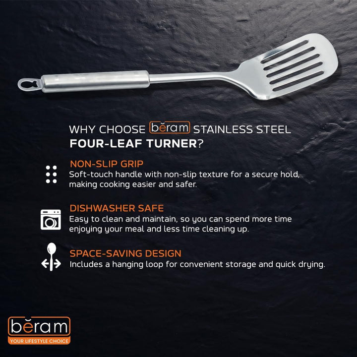 BERAM Cooking Turner, Cooking Utensils, 304 Stainless Steel Slotted Spatula, Kitchen Tools, 100% Food Grade, Silver with Four Leaf Handle Design