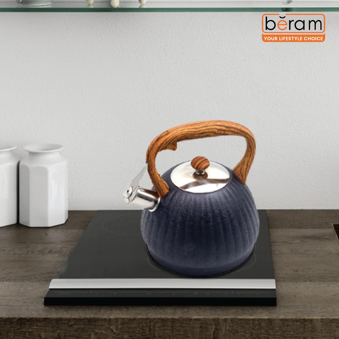 Haus Roland Whistling Kettle, Wooden Handles with Stripes, Stovetop Tea Kettle, Stainless Teapot, 3 Liters, Fast Boiling, Perfect for Homes, Picnics, and Parties