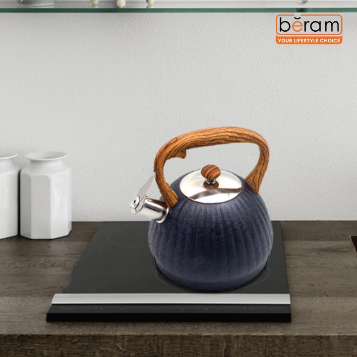 Haus Roland Whistling Kettle, Wooden Handles with Stripes, Stovetop Tea Kettle, Stainless Teapot, 3 Liters, Fast Boiling, Perfect for Homes, Picnics, and Parties