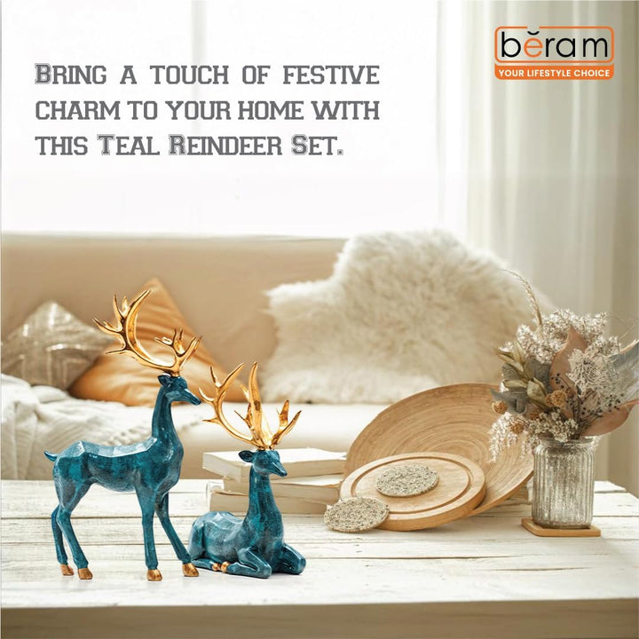 BERAM Teal Reindeer Set – Modern Abstract Reindeer Figurines for Home Decor, Shelf Stand Sculpture Ornaments for Living Room, Office, Dining Table, Mantel, or Holiday Display